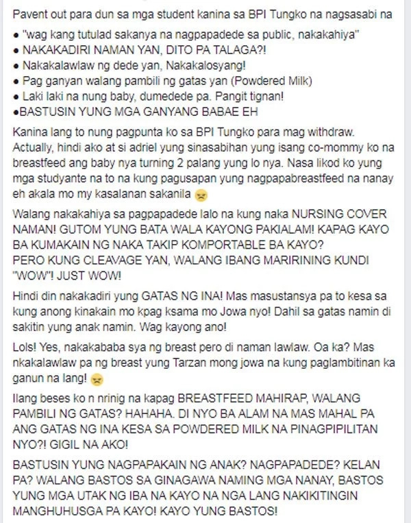 Netizen disgusted with students at BPI Tungko who shamed her breastfeeding friend Netizen disgusted with students at BPI Tungko who shamed her breastfeeding friend