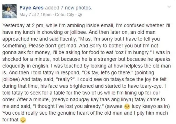 Student gives food to old man who speaks good English Student gives food to old man who speaks good English