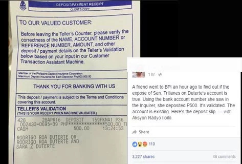 LOOK: Duterte’s alleged BPI account, real? LOOK: Duterte’s alleged BPI account, real?