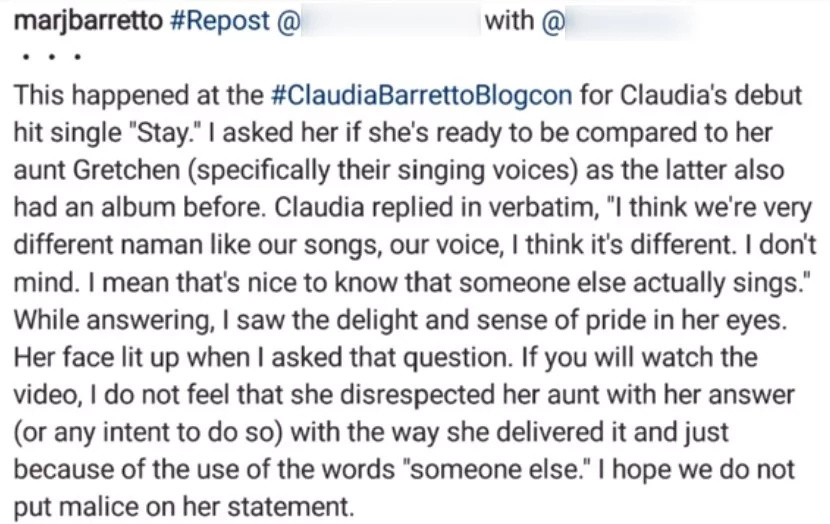Marjorie Barretto speaks up, defends daughter Claudia on issue with sister Gretchen: “I hope we do not put malice in her statement” Marjorie Barretto speaks up, defends daughter Claudia on issue with sister Gretchen: “I hope we do not put malice in her statement”