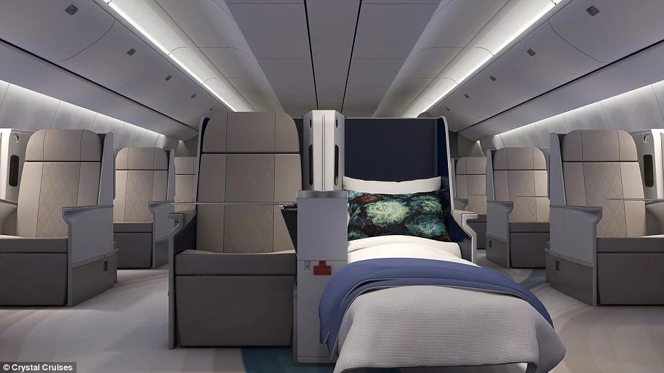 The luxury arm-chair style seats fully recline into spacious beds. Photo: Crystal Cruises The luxury arm-chair style seats fully recline into spacious beds. Photo: Crystal Cruises