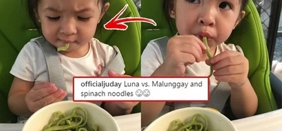 This is the precious moment Juday gives Luna noodles made of veggies and the tot's reaction is priceless!