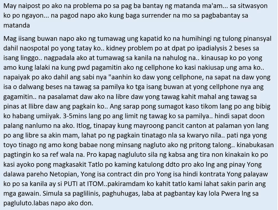 Hindi na kaya ni kabayan! An OFW in Jeddah who's suffering from alleged maltreatment seeks help so she could return to the Philippines Hindi na kaya ni kabayan! An OFW in Jeddah who's suffering from alleged maltreatment seeks help so she could return to the Philippines
