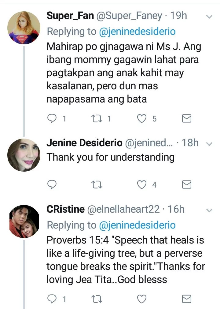 "Nuknukan ng tigas ng ulo." Jenine Desiderio to daughter Janella via Twitter "Nuknukan ng tigas ng ulo." Jenine Desiderio to daughter Janella via Twitter