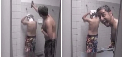 Guy pranks his friend who is taking a bath and repeatedly squeezes shampoo on his head!