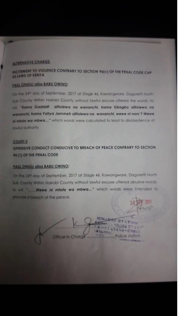 Babu Owino has not been charged for insulting Uhuru and his mum and we have the charge sheet