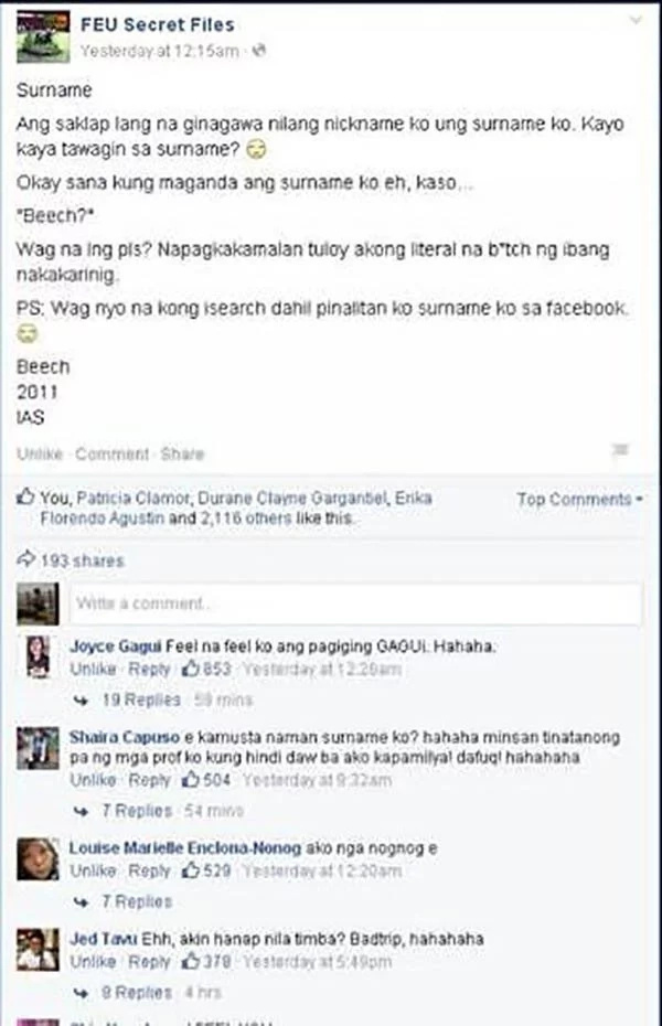 Hilarious Surname Wars! FEU netizens poked fun of their funny last names Hilarious Surname Wars! FEU netizens poked fun of their funny last names