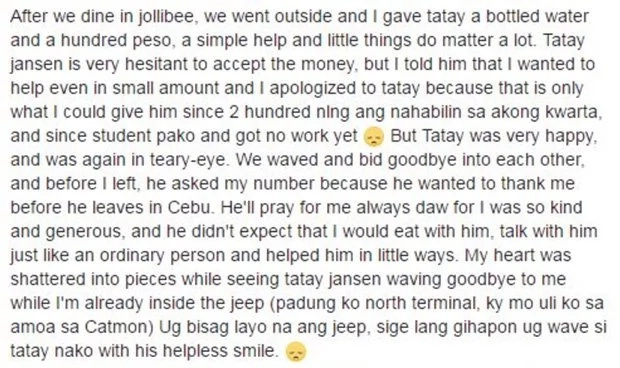 Student gives food to old man who speaks good English Student gives food to old man who speaks good English