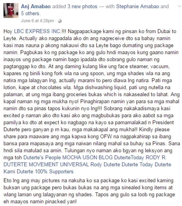 OFW gets frustrated over missing items in balikbayan box sent through LBC OFW gets frustrated over missing items in balikbayan box sent through LBC
