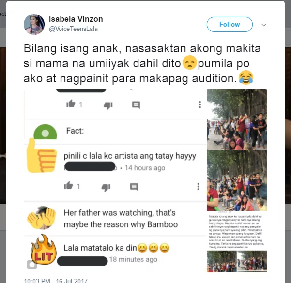 Lea Salonga defends Rois Vinzon's daughter Lala against bashers Lea Salonga defends Rois Vinzon's daughter Lala against bashers