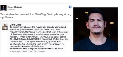 Baste's fb page BASHES Chug for insensitive post about Davao bombings
