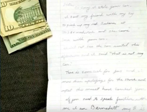 A Woman's Stolen Car Was Returned With Money And This Apology Note A Woman's Stolen Car Was Returned With Money And This Apology Note