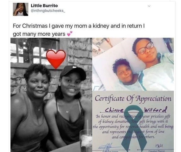 "I donated my kidney to my mom as Christmas gift" - Lady announced on Twitter "I donated my kidney to my mom as Christmas gift" - Lady announced on Twitter