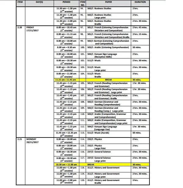 table mathematical knec KCSE KCSE to exam 2017 as 2016 out timetable cancel calls