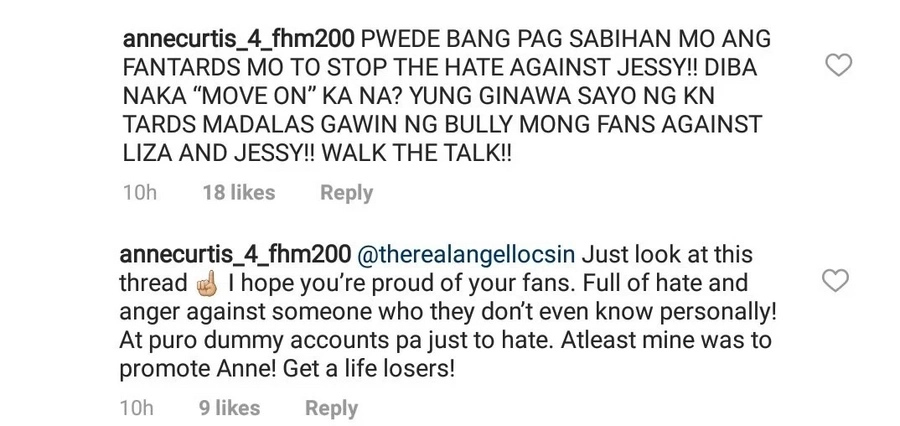 Angel Locsin slams netizen who told her to tell her fans to stop bashing Jessy Mendiola Angel Locsin slams netizen who told her to tell her fans to stop bashing Jessy Mendiola