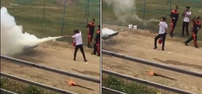 Taray! Teen boy shows how you extinguish fire in style