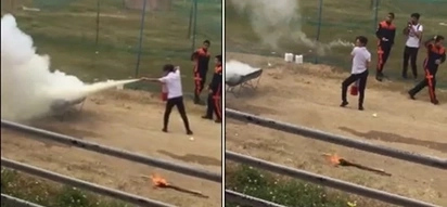 Taray! Teen boy shows how you extinguish fire in style