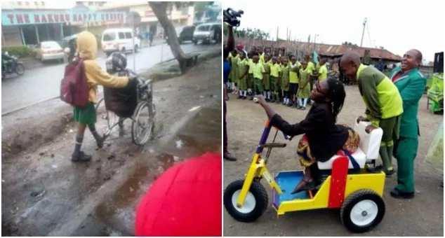 Kenyan mum seen getting wheeled to work by 10-year-old son finally gets help (photos)