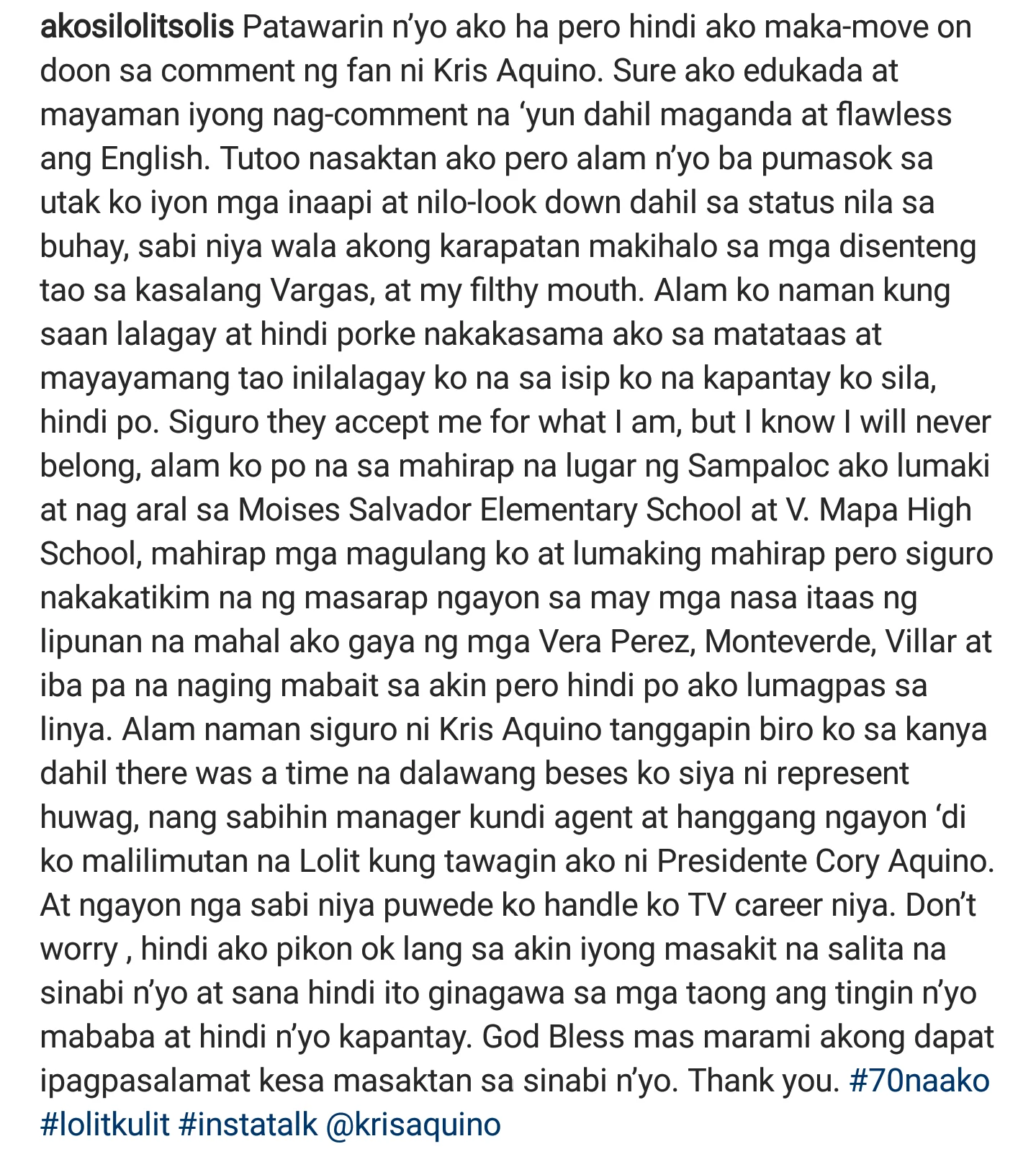 Kris Auino defends Lolit Solis Kris Auino defends Lolit Solis