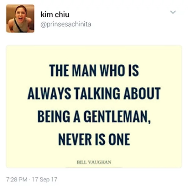 Kim Chiu's post about being a gentleman leaves netizens wondering who she's referring to Kim Chiu's post about being a gentleman leaves netizens wondering who she's referring to