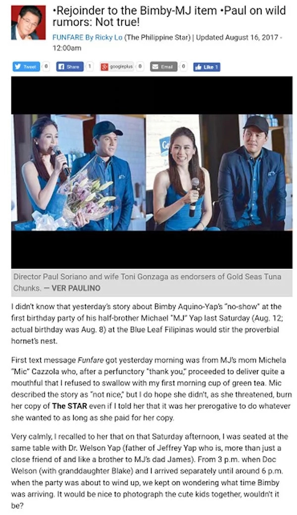 Ricky Lo publicizes response to both Kris Aquino and Michella Cazzola Ricky Lo publicizes response to both Kris Aquino and Michella Cazzola
