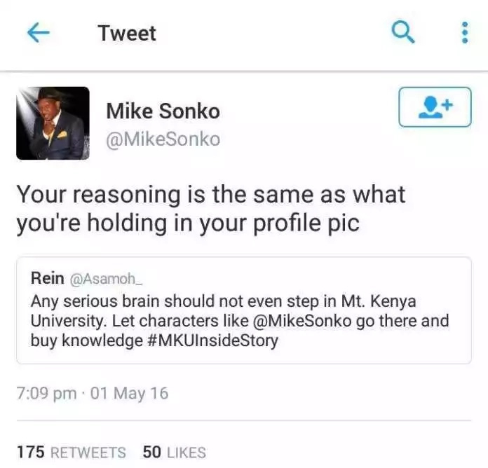 Mike Sonko slams a social media user in the meanest tweet ever