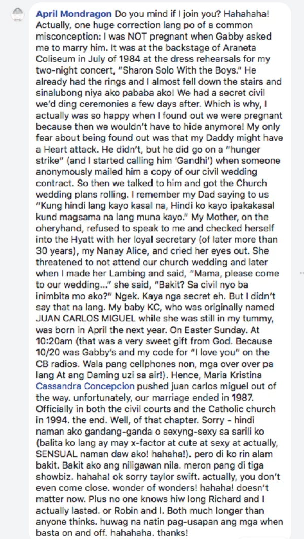 Sinagot ni 'April Mondragon' ang lahat! Sharon Cuneta joined FB thread using her private account and answered FAQs about her exes Sinagot ni 'April Mondragon' ang lahat! Sharon Cuneta joined FB thread using her private account and answered FAQs about her exes