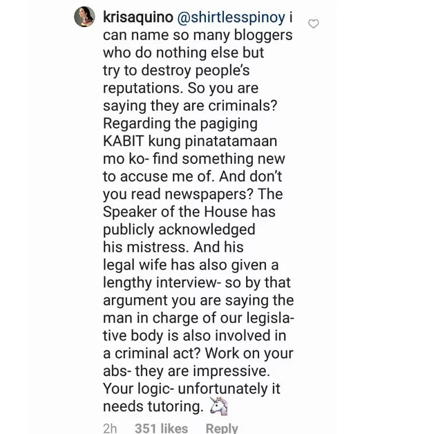 Bumwelta sa basher! Kris Aquino lashes out at a netizen for slut-shaming her Bumwelta sa basher! Kris Aquino lashes out at a netizen for slut-shaming her