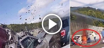 Woman pulled from burning car after terrifying 10-vehicle crash