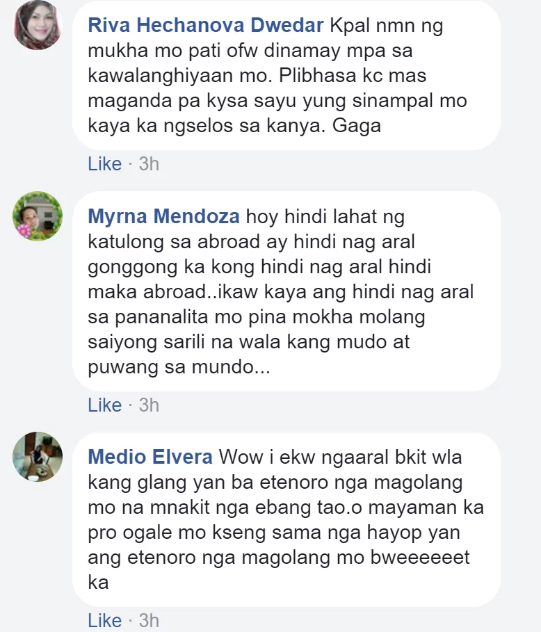 Dinamay pa pati mga OFW! Alleged Facebook account of the girl who slapped her schoolmate draws flak over a post Dinamay pa pati mga OFW! Alleged Facebook account of the girl who slapped her schoolmate draws flak over a post