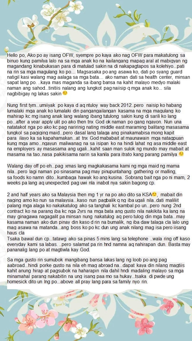 Nakaya niya yun? Courageous Pinay OFW shares how she survived without day off and no cellphone usage with employer abroad Nakaya niya yun? Courageous Pinay OFW shares how she survived without day off and no cellphone usage with employer abroad