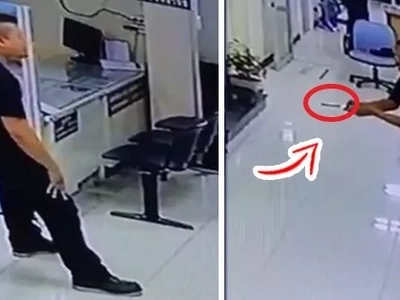 A man was threatening everyone with a knife in a police station. When this brawny policeman intervened, the whole incident becomes a remarkable event!