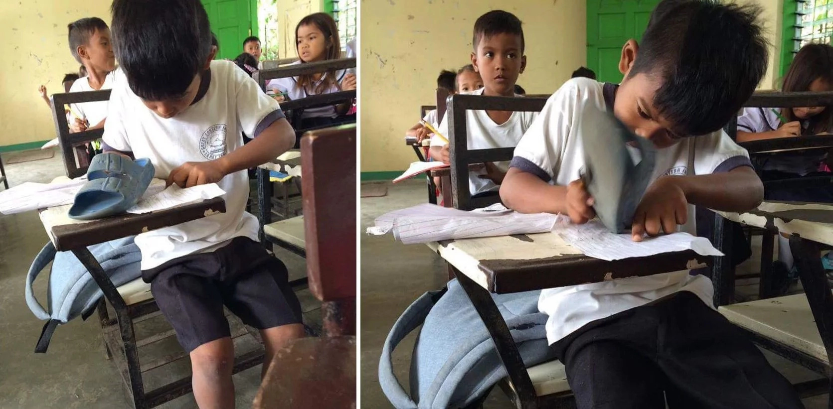 Student uses slipper as eraser Student uses slipper as eraser