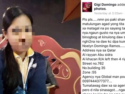 Pleading OFW in Qatar seeks help to go home to the Philippines because her employer is allegedly hurting her