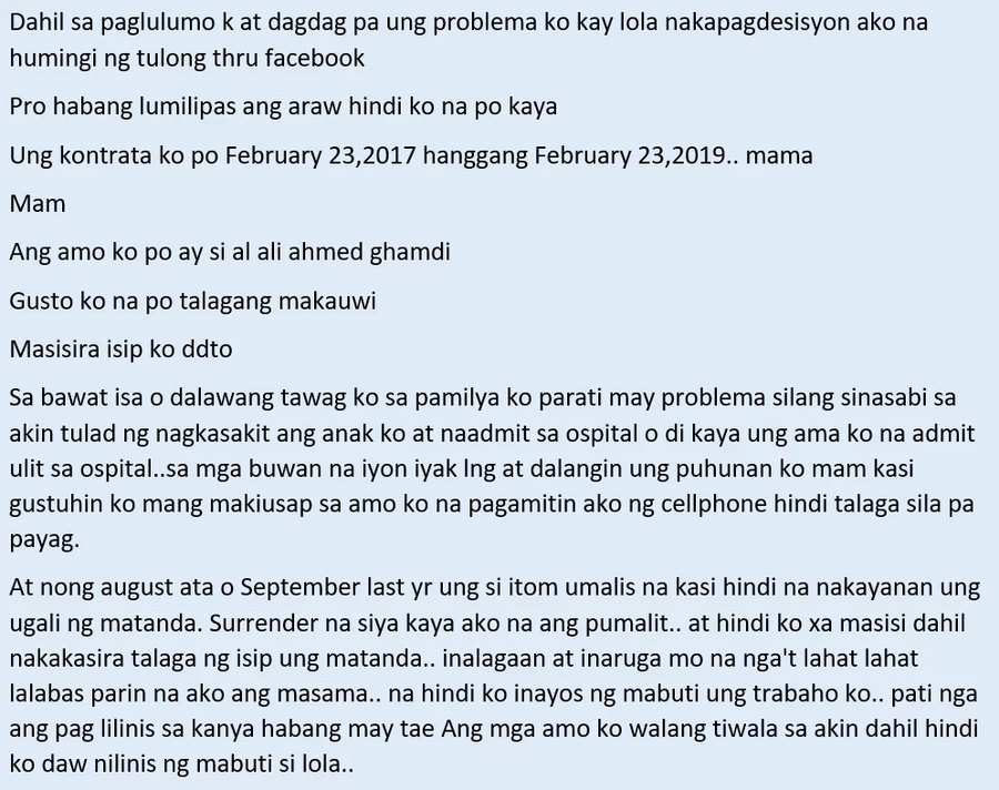 Hindi na kaya ni kabayan! An OFW in Jeddah who's suffering from alleged maltreatment seeks help so she could return to the Philippines Hindi na kaya ni kabayan! An OFW in Jeddah who's suffering from alleged maltreatment seeks help so she could return to the Philippines