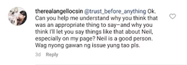Angel Locsin asks 'fan' not to make an issue about Neil Angel Locsin asks 'fan' not to make an issue about Neil