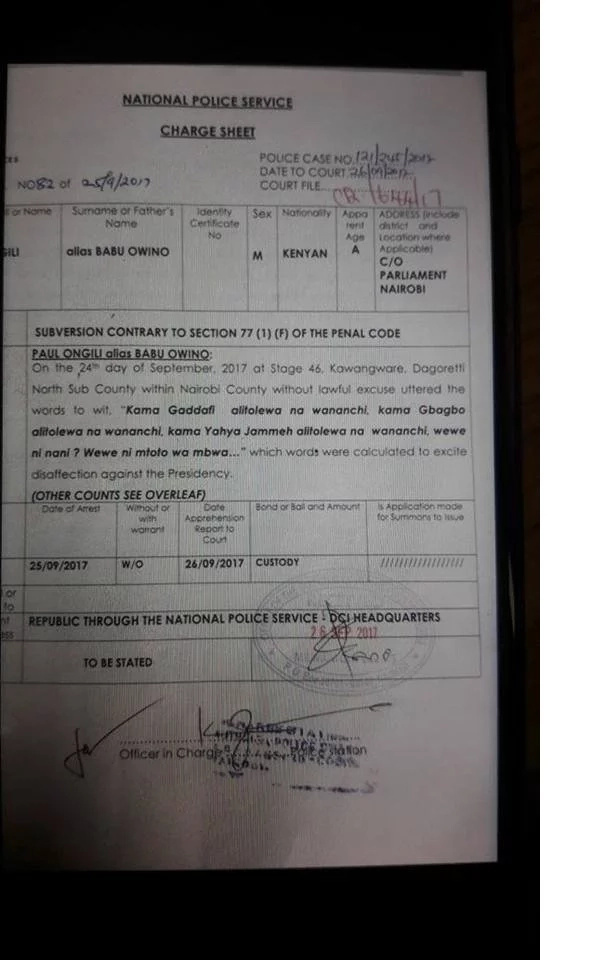 Babu Owino has not been charged for insulting Uhuru and his mum and we have the charge sheet