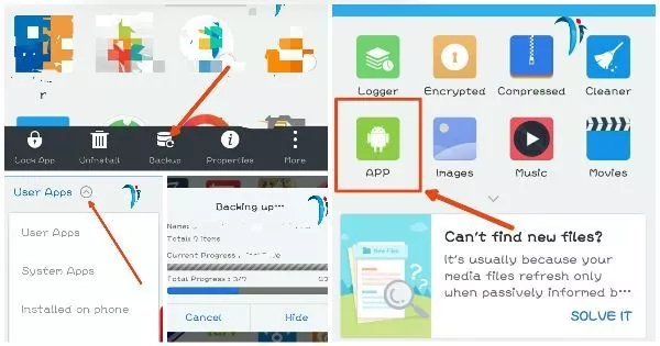 Backup android phone app with es file explorer to have the .apk file
