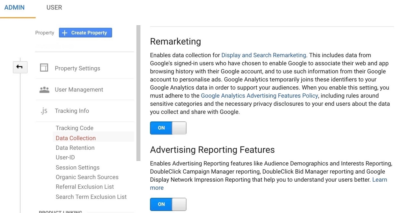 Turning on and off Remarketing and Advertising Feature in Google Analytics
