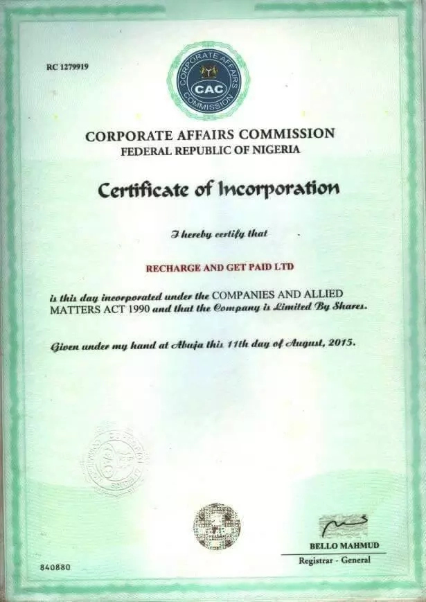 recharge and get paid registration certificate