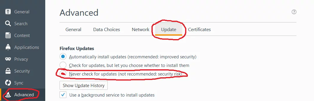 Disable Mozilla Firefox automatic updates