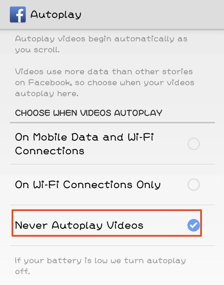 turn off video autoplay in Facebook app Android