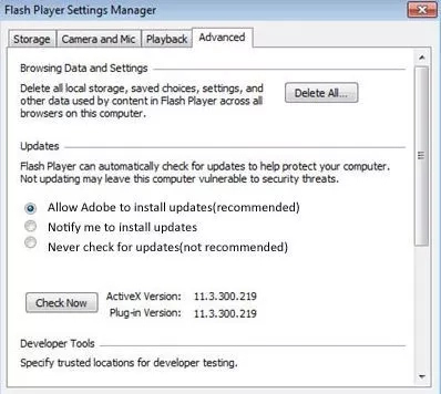 disable adobe flash player automatic updates